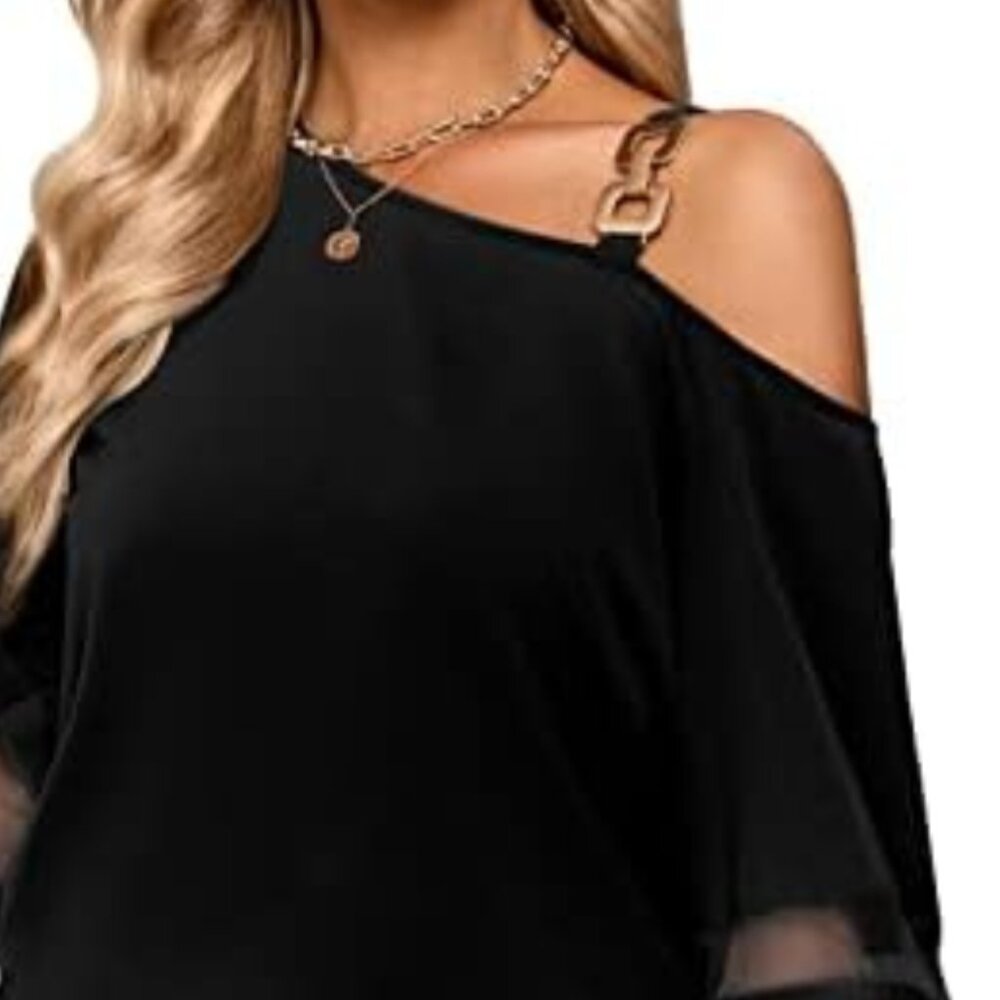 Chic Black Off-Shoulder Blouse with Sheer Sleeves & Gold Buckle Detail - Picture 4 of 4